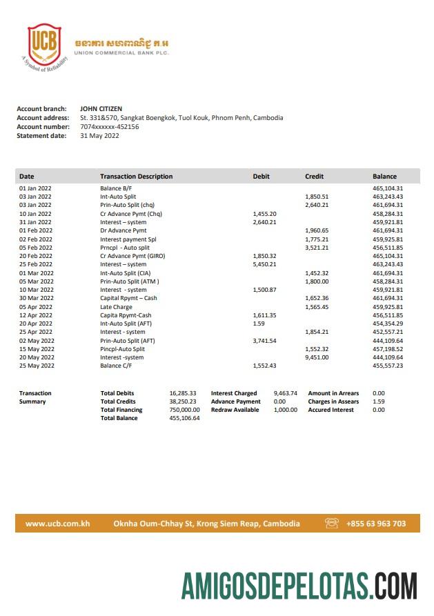 Cambodia Union Commercial extrato bancário amostra
